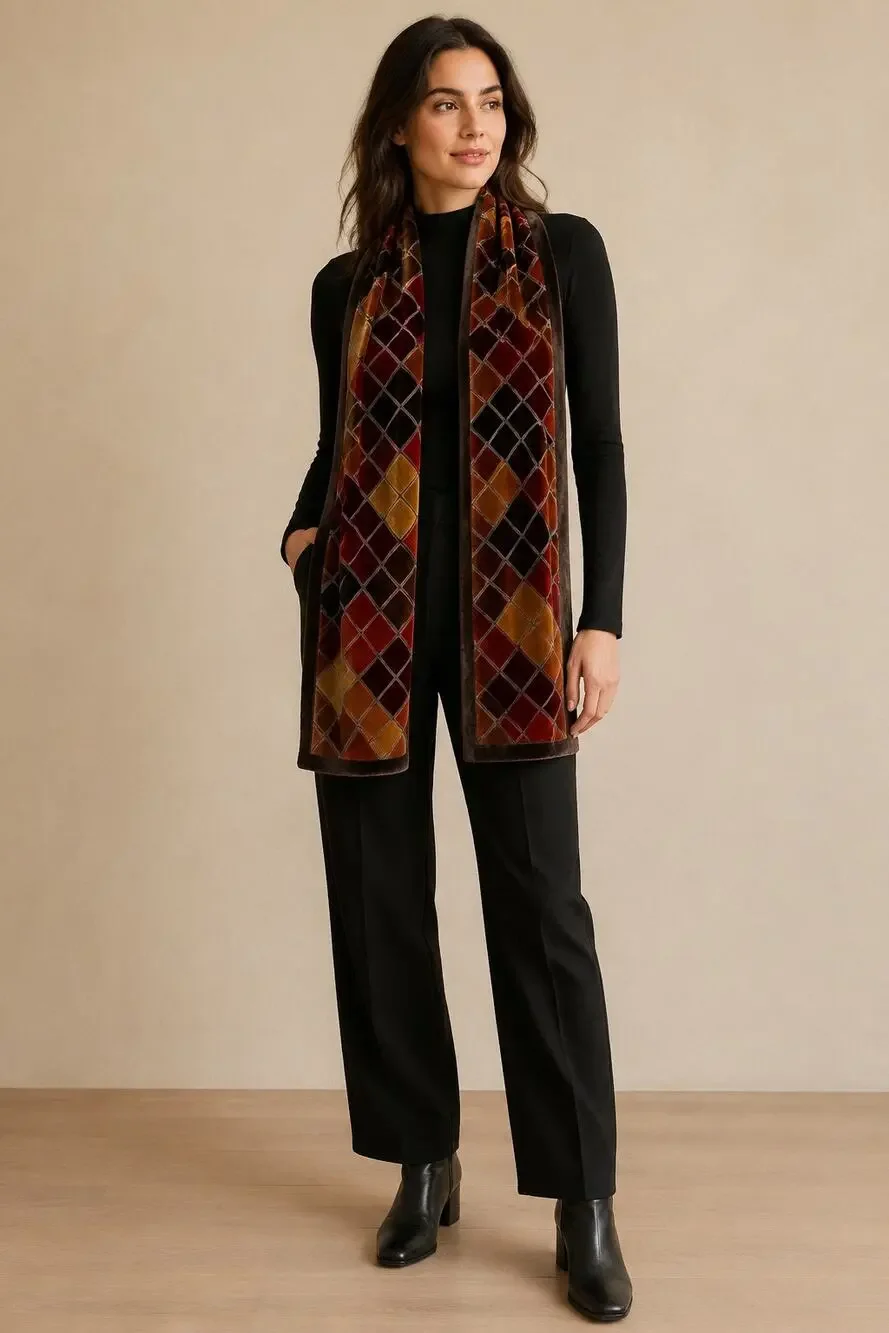 Echo Silk Blend Burnout Velvet Scarf Geometric Argyle Jewel Tones 59”